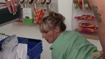 A grocery store foursome begins when the two blonde milfs tease their customer with their big boobs