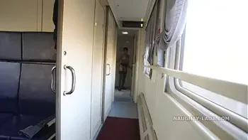 Naked fellow traveler with a dildo.