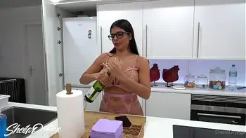 Big boobs latina Sheila Ortega doing blowjob with real BBC cock on the kitchen