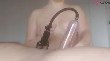 naughty wife ruins husband's orgasm with cock pump control