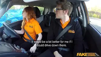 Fake Driving Instructor fucks his cute ginger teen student in the car and gives her a creampie