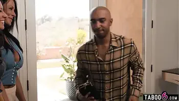 Stepaunt and stepmom MILFs put their black stepson to work for them