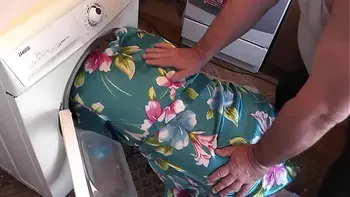 Old and young. Hard sex. Sexy blonde MILF Frina decided to wash clothes and underwear. At this time her old neighbor with an erect dick came into kitchen, stuck Milf head in washing machine, fucked pussy Milf doggy style and cum in pussy. Cumshot