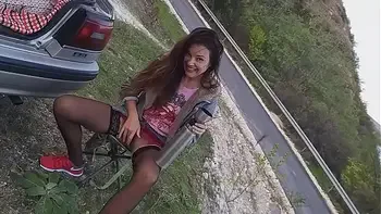 Twice pissing Retro Car TOW BAR before ORGASMIC FUCK it