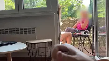 My husband is jerking off and cum in front of my stepmom a while we talk on balcony.