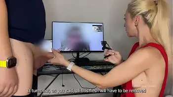 I show to my stepmom my husband’s cock close to webcamera, she is considering watching and we discuss how it looks like. CFNM.