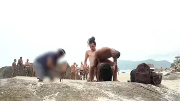 Cute Brazilian mulata, Jasminy Villar double penetrated by huge dicks at nude beach while people watching (Anal, DP, public sex, beach, Monster cock, ebony) OB242