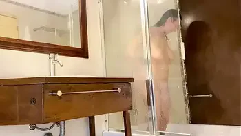Big tits slutty lesbian babysitter rides her dildo in shower instead of doing her job
