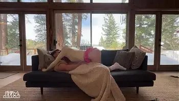 Sneaky log cabin hookup with big titty red head