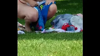 Voyeur Cam. Busty Bombshell Flashing Huge Tits in Public Park