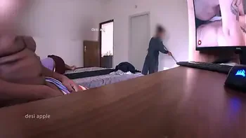 Watching porn and masturbating infront of maid while wife sleeping