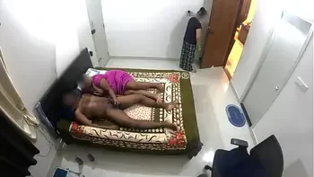 Having fun with husband while maid cleaning room