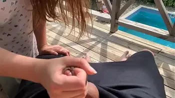 While my wife is tanning in the pool, my sister-in-law fucks me on the balcony