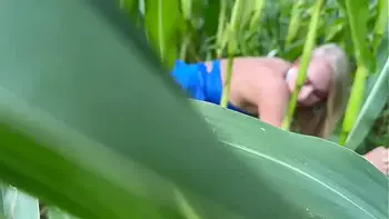 Outdoor strap on fucking in cornfield with HUGE dildo
