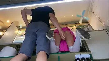 The boss is playing with his sexy shop assistant pussy while she talks to the customer