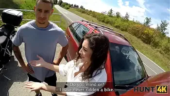 HUNT4K. Humiliating her boyfriend while sucking a huge biker’s cock in the forest