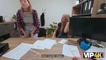 VIP4K. Gorgeous blonde with natural tits came to get a job and to fuck on a tabletop