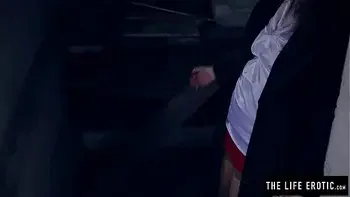 Angry girl in glasses with puffy nipples masturbates hard in the dirty alley