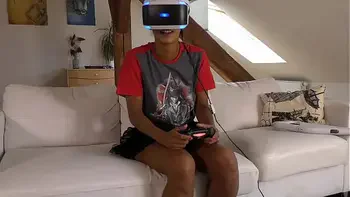 Isabel flashes her pussy and ass under her panties with a tshirt and she has a new game in her Playstation VR but she needs..