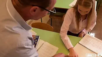 Lucy Heart rides teacher's & principal's cocks in XXX threesome