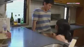 step son plays with step mom in the kitchen and step dad almost caught them