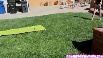 Teenie blonde Kate Bloom playing Slip and Slide and Suck!