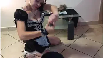 Pissing On French Maid And She Cleans It Up