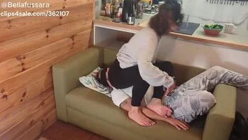 Goddess Bellafussara German Femdom - Sweaty Barefoot Facesitting & Ass Smothering on Human Couch Slave