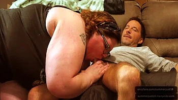 BBW neighbor Betty with glasses gives sloppy deep throat blowjob and begs for cum in throat