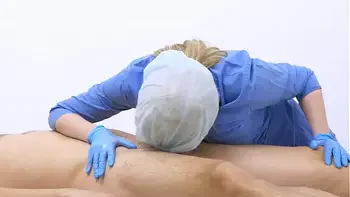 Busty masseuse jerk off a dick and milked the prostate. massageroom