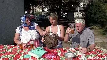 Hot blonde Samantha Jolie fucked by old grandpa and grandma