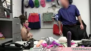 This brunette shoplifter chick stole a few huge vibrators at the sex shop
