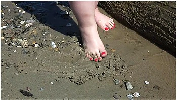 Fat Bare Legs With Red Pedicure Walk Along The Bank Of The River, Fetish