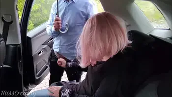 Dogging my wife in public car parking and jerks off an voyeur while it rains - MissCreamy