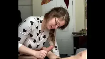 Busty Nerd Strokes Huge Cock in Tiny Bodysuit