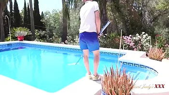 Busty British MILF Keira Seduces Pool Boy for Outdoor Fuck