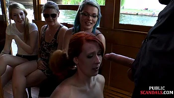 Redhead cougar cockriding on public boat