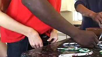 Blonde lady wearing high heels gets double penetrated in interracial threesome