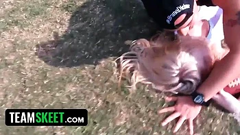 Pretty Blonde Babe Gets Her Pussy Stretched After A Sweaty Football Workout Outdoors With Lucky Stud: Porn