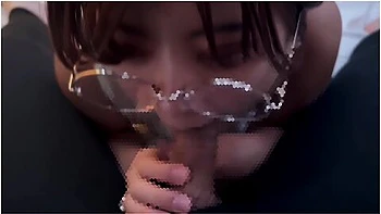 Girl With Glasses Doing A Blowjob While Making Erotic Sounds And Getting A Lot Of Sperm