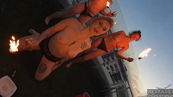 Lesbian sex of Lea and Melonie outdoors, bra and panties