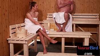 Naughty skinny blonde teasing old guy