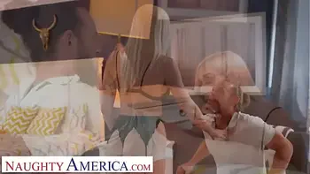 Naughty America - Blonde Sorority neighbor, Kay Lovely, fucks neighbor in his wife's lingerie