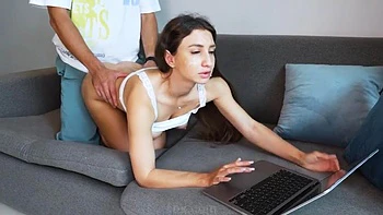 Horny guy persuaded to fuck his GF while she was working! OMG, he CUM TWICE, facial and crempie!: Porn