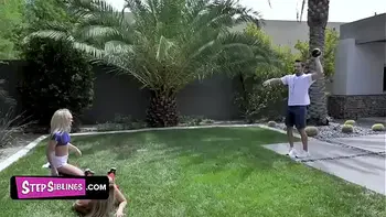 Horny StepFather Teach His Sexy Teen StepDaughters How To Handle Balls But Gets Caught By His Wife