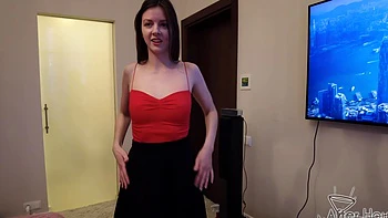 Miss Pussycat plays with a young brunette's pussy backstage