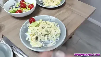 Stepgrandma takes her stepgrandsons dick as he eats his breakfast