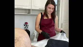 During a shaving lesson, a client Cumshot on my student