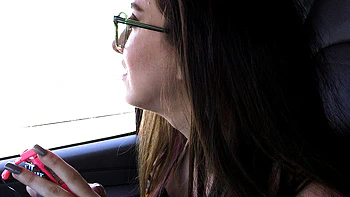 Amateur with glasses gets fucked on BangBus