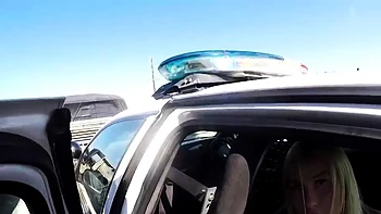 Naughty blonde pleasures cop in car - pov